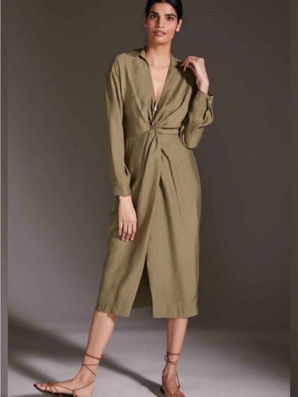 Anthropologie Graziella Olive Green Twist-Front Shirt Dress Size 4